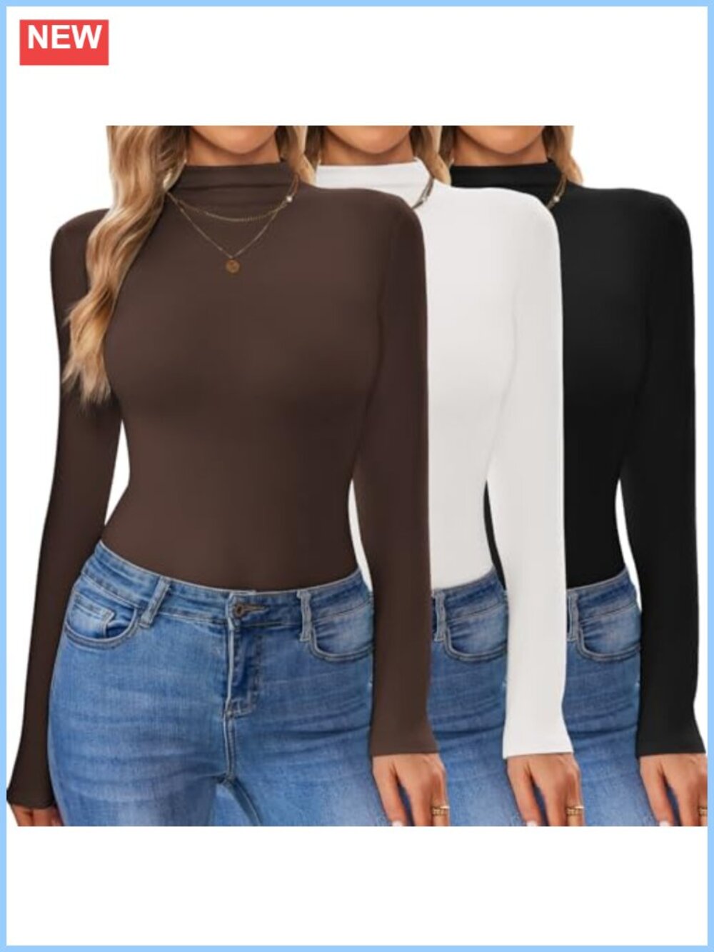 Women's Mock Neck Long Sleeve Tops 3 Pack Stretch Layering Shirts